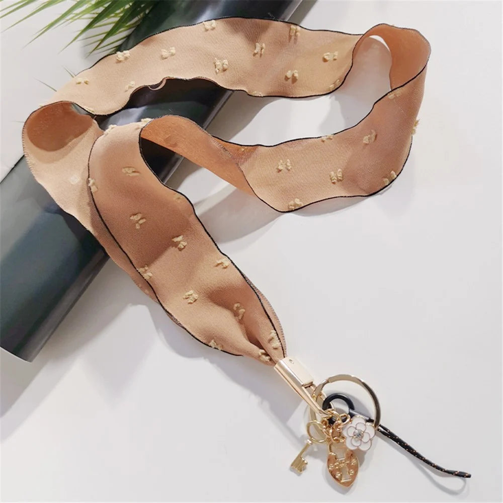 Chiffon Silk Scarf Style Phone Lanyard Dot Design Metal Heart-Shape Pendant Neck Strap - Brown - 1