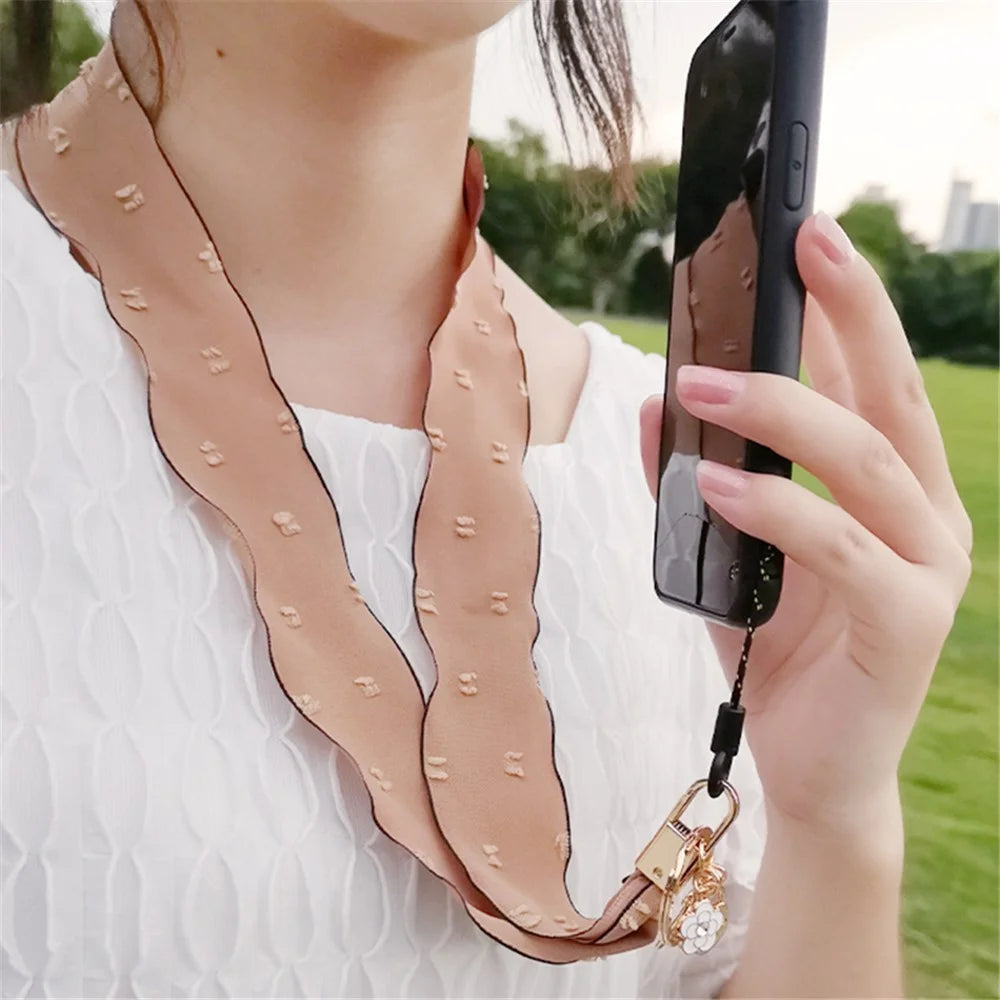 Chiffon Silk Scarf Style Phone Lanyard Dot Design Metal Heart-Shape Pendant Neck Strap - Brown - 2