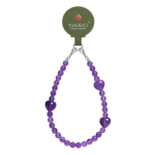 YISIXICI SJL0007 Amethyst Charm Bracelet Heart Design 8mm Round Bead Phone Wrist Lanyard - 1