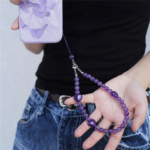 YISIXICI SJL0007 Amethyst Charm Bracelet Heart Design 8mm Round Bead Phone Wrist Lanyard - 2