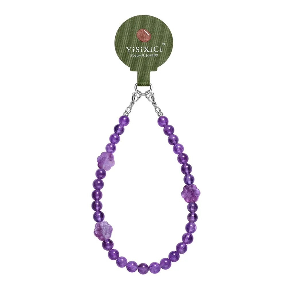 YISIXICI SJL0008 Phone Charms Hand Strap 8mm Round Bead Amethyst Fluorite Flower Design Lanyard - 1