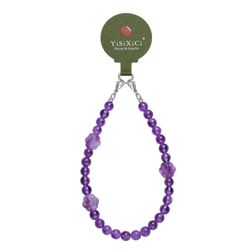 YISIXICI SJL0008 Phone Charms Hand Strap 8mm Round Bead Amethyst Fluorite Flower Design Lanyard - 1