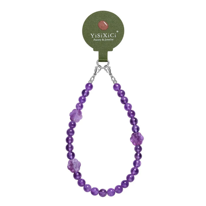 YISIXICI SJL0008 Phone Charms Hand Strap 8mm Round Bead Amethyst Fluorite Flower Design Lanyard - 1