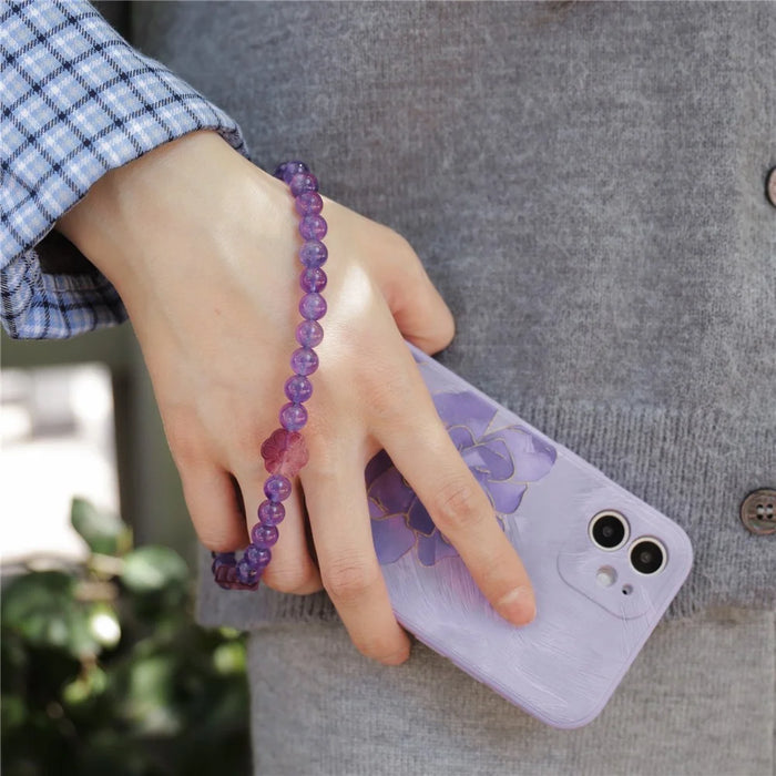 YISIXICI SJL0008 Phone Charms Hand Strap 8mm Round Bead Amethyst Fluorite Flower Design Lanyard - 5