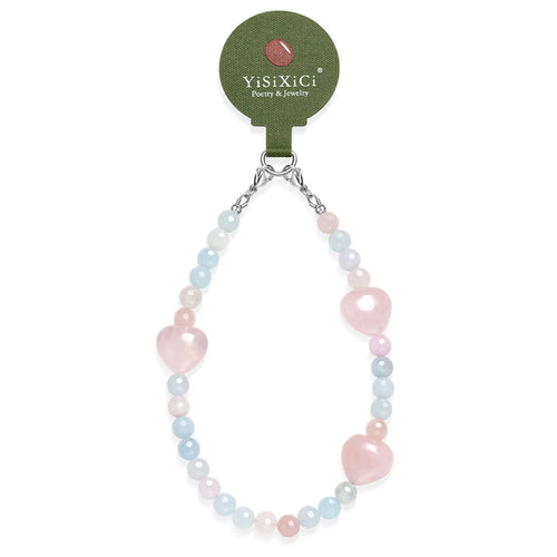 YISIXICI SJL0011 8mm Polygonal Bead Bracelet Heart Design Morgan Stone + Pink Crystal Phone Charm Wrist Lanyard - 1