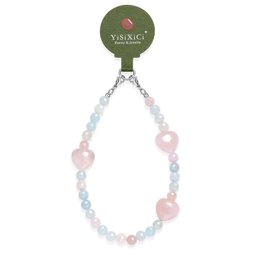 YISIXICI SJL0011 8mm Polygonal Bead Bracelet Heart Design Morgan Stone + Pink Crystal Phone Charm Wrist Lanyard - 1