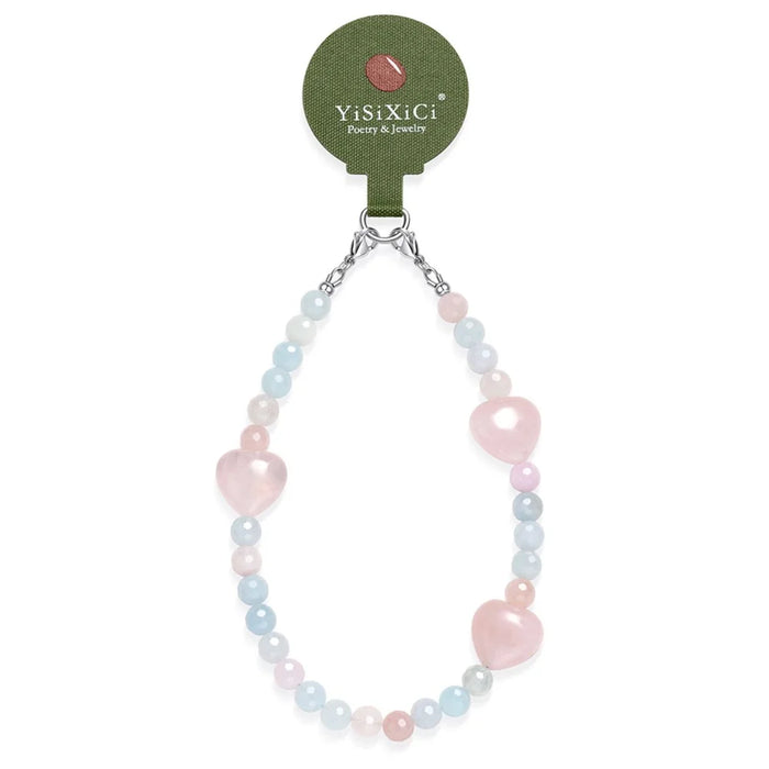 YISIXICI SJL0011 8mm Polygonal Bead Bracelet Heart Design Morgan Stone + Pink Crystal Phone Charm Wrist Lanyard - 1
