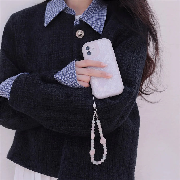 YISIXICI SJL0011 8mm Polygonal Bead Bracelet Heart Design Morgan Stone + Pink Crystal Phone Charm Wrist Lanyard - 3