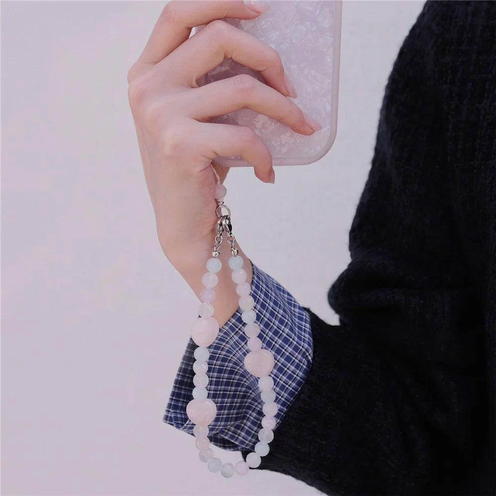 YISIXICI SJL0011 8mm Polygonal Bead Bracelet Heart Design Morgan Stone + Pink Crystal Phone Charm Wrist Lanyard - 5