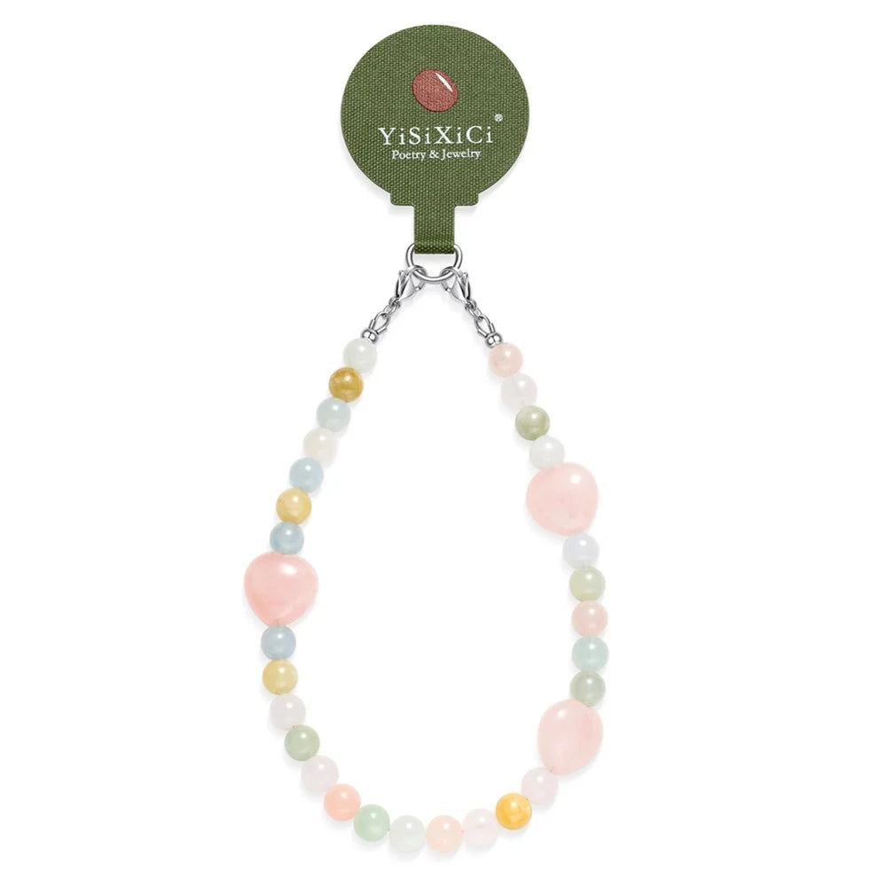 YISIXICI SJL0012 Phone Charms 8mm Round Bead Morganite Crystal Wrist Lanyard - 1