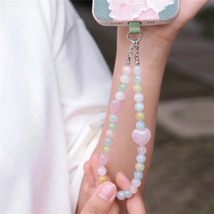 YISIXICI SJL0012 Phone Charms 8mm Round Bead Morganite Crystal Wrist Lanyard - 3