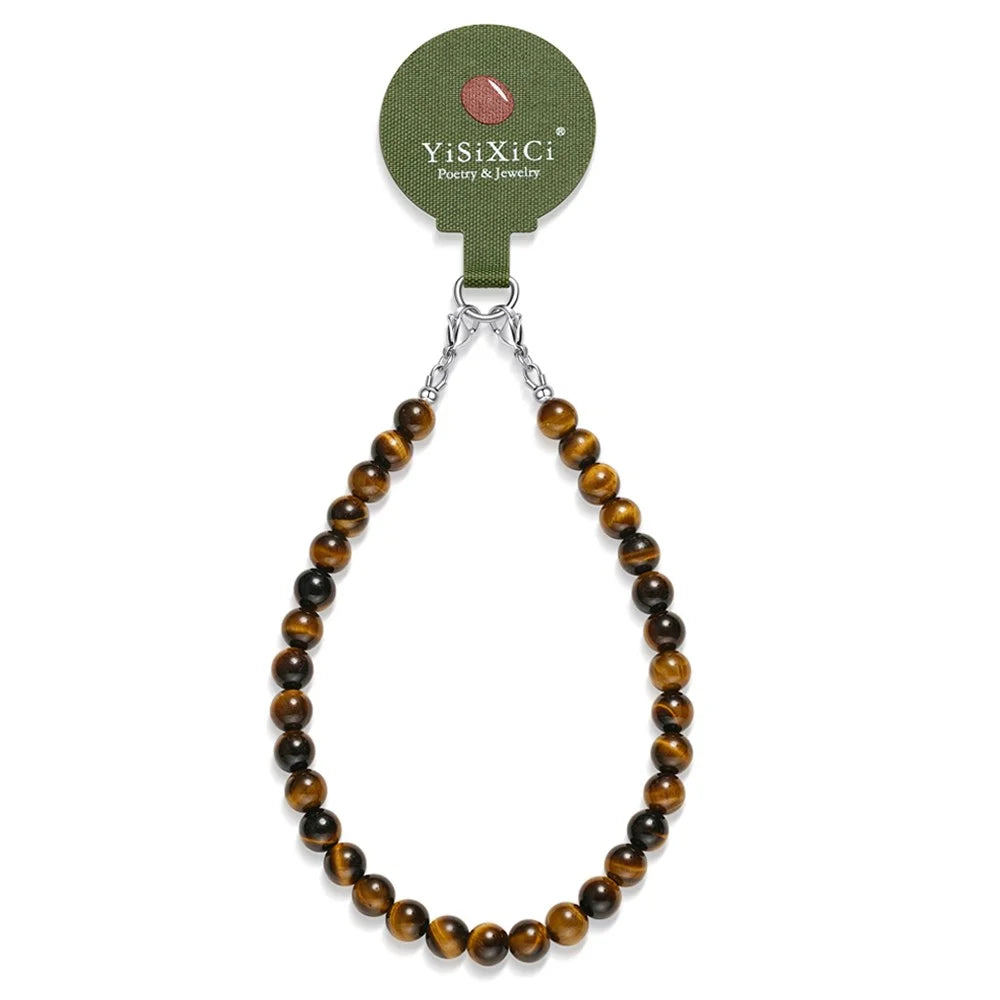 YISIXICI SJL0013 Tiger Eye Stone Bracelet Wrist Lanyard 8mm Round Bead Mobile Phone Charm - 1