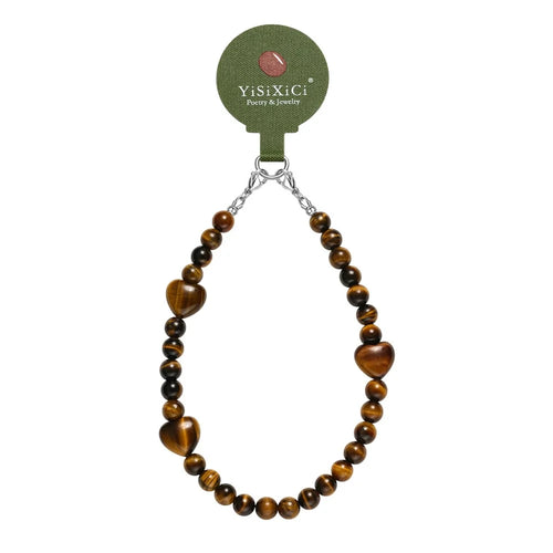 YISIXICI SJL0015 Tiger Eye Stone Charm Bracelet Heart Design 8mm Round Bead Phone Wrist Lanyard - 1