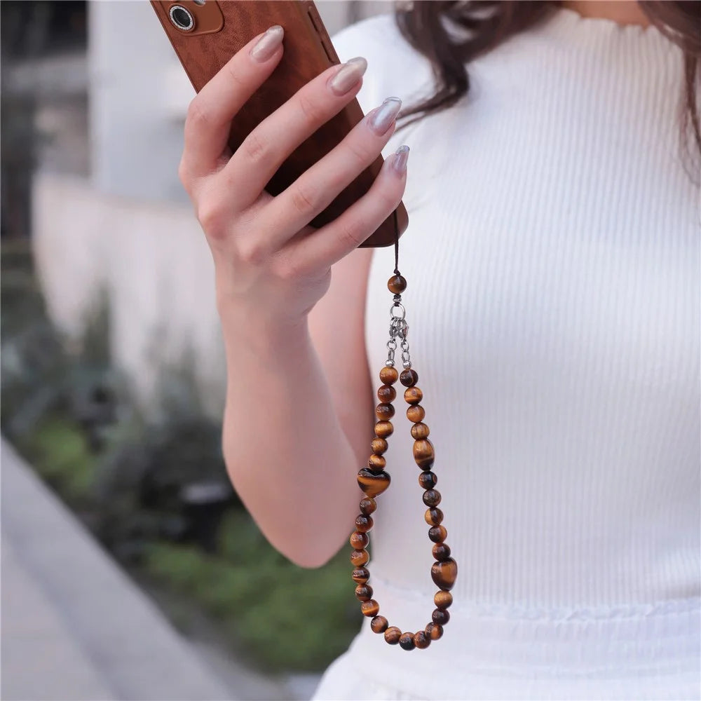 YISIXICI SJL0015 Tiger Eye Stone Charm Bracelet Heart Design 8mm Round Bead Phone Wrist Lanyard - 2