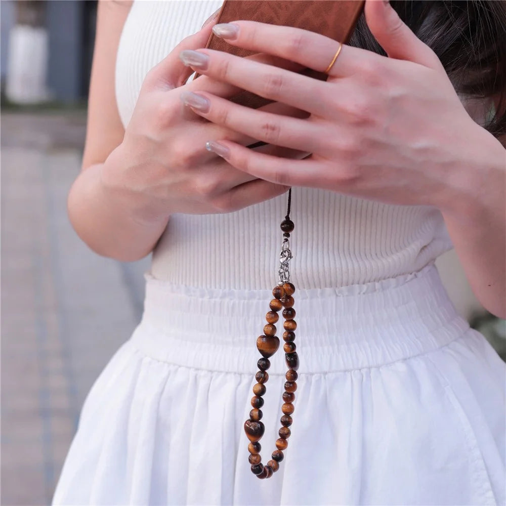 YISIXICI SJL0015 Tiger Eye Stone Charm Bracelet Heart Design 8mm Round Bead Phone Wrist Lanyard - 3