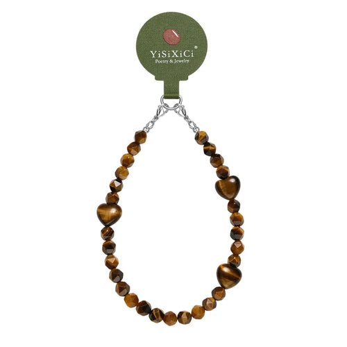 YISIXICI SJL0016 8mm Polygonal Bead Bracelet Heart Design Tiger Eye Stone Phone Charm Wrist Lanyard - 1