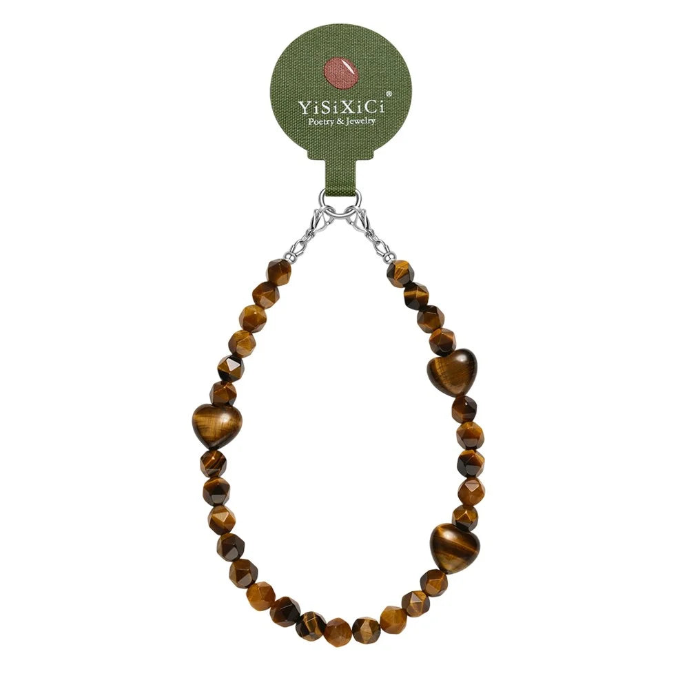 YISIXICI SJL0016 8mm Polygonal Bead Bracelet Heart Design Tiger Eye Stone Phone Charm Wrist Lanyard - 1