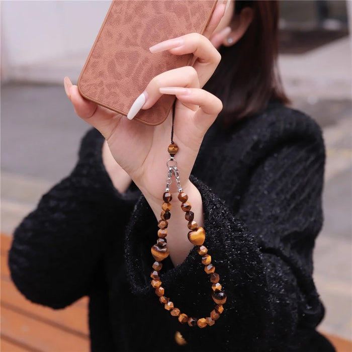 YISIXICI SJL0016 8mm Polygonal Bead Bracelet Heart Design Tiger Eye Stone Phone Charm Wrist Lanyard - 5