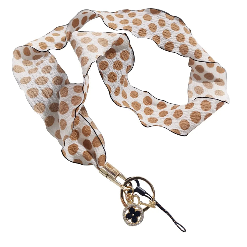 Silk Scarf Style Phone Lanyard Phone Neck Strap with Clover Pendant for Keys ID Badge - Brown Dots - 1