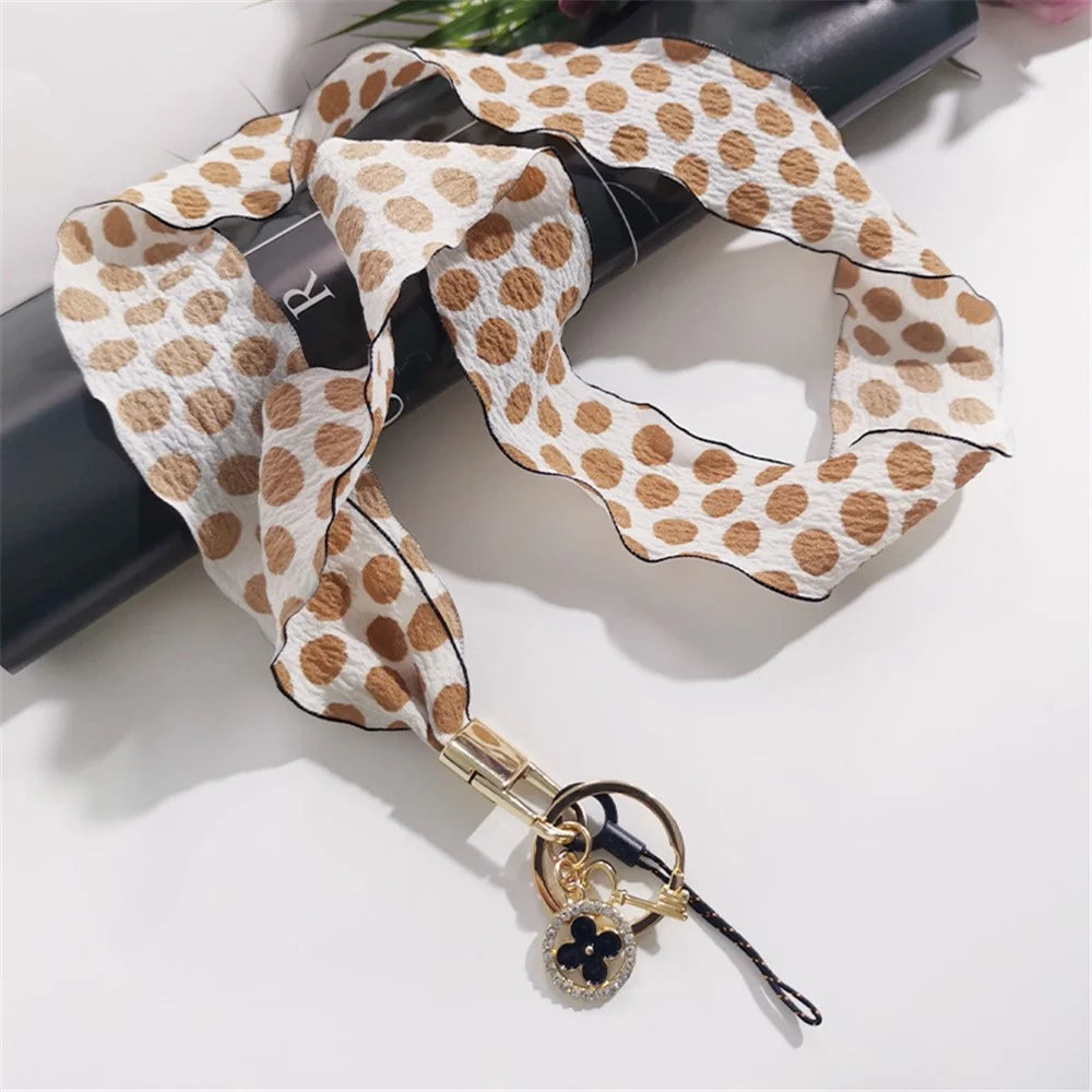 Silk Scarf Style Phone Lanyard Phone Neck Strap with Clover Pendant for Keys ID Badge - Brown Dots - 2