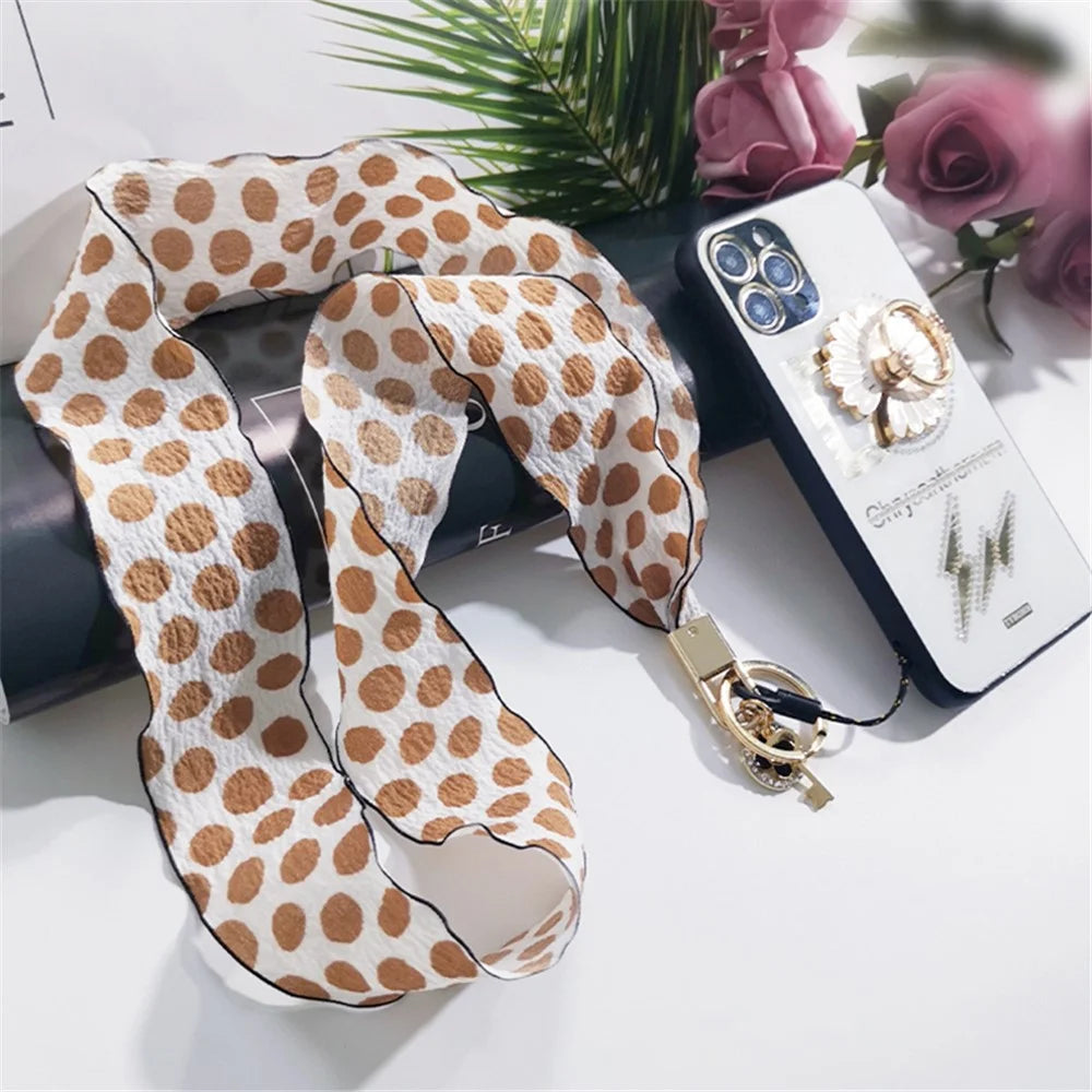 Silk Scarf Style Phone Lanyard Phone Neck Strap with Clover Pendant for Keys ID Badge - Brown Dots - 3