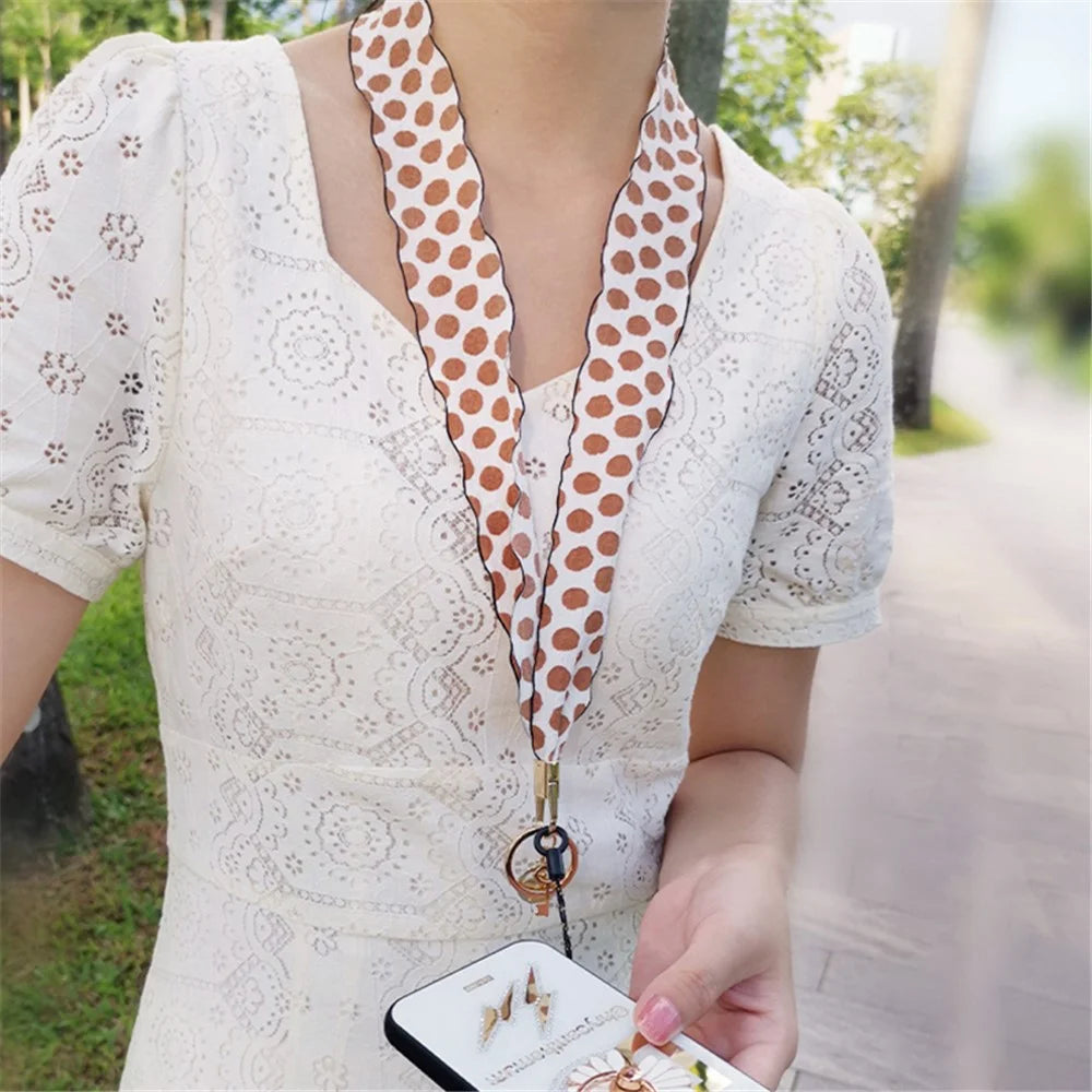 Silk Scarf Style Phone Lanyard Phone Neck Strap with Clover Pendant for Keys ID Badge - Brown Dots - 4