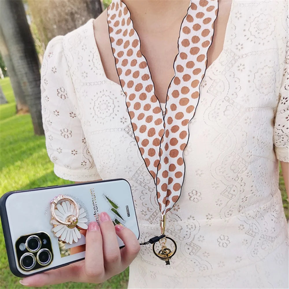 Silk Scarf Style Phone Lanyard Phone Neck Strap with Clover Pendant for Keys ID Badge - Brown Dots - 5