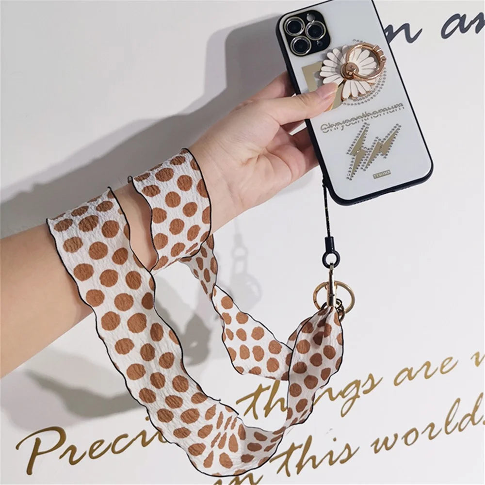 Silk Scarf Style Phone Lanyard Phone Neck Strap with Clover Pendant for Keys ID Badge - Brown Dots - 6