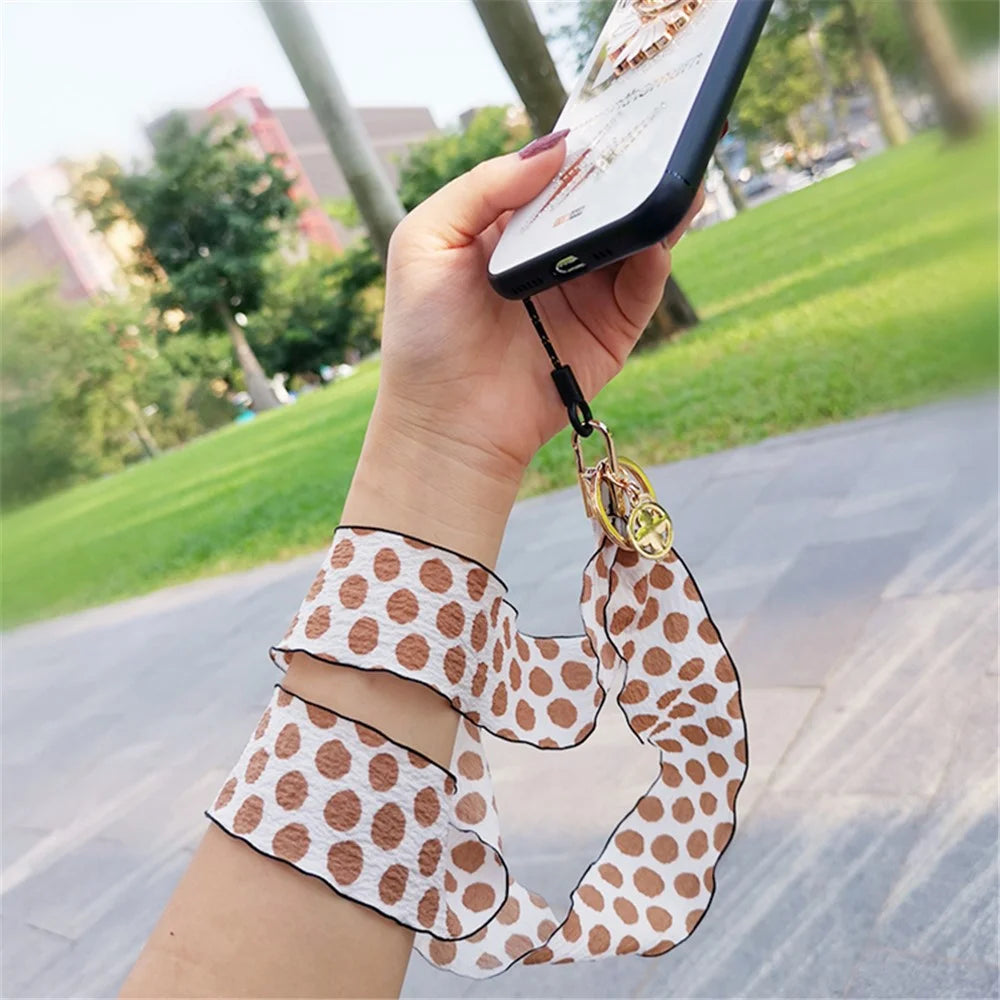 Silk Scarf Style Phone Lanyard Phone Neck Strap with Clover Pendant for Keys ID Badge - Brown Dots - 7