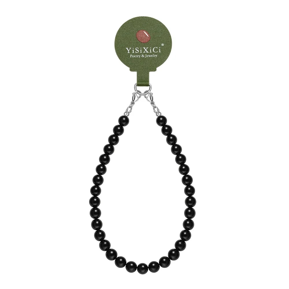 YISIXICI SJL0017 Black Tourmaline Charm Bracelet 8mm Round Bead Phone Wrist Lanyard - 1