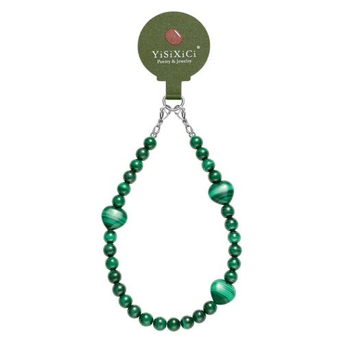 YISIXICI SJL0022 Malachite Charm Bracelet Heart Design 8mm Round Bead Phone Wrist Lanyard - 1