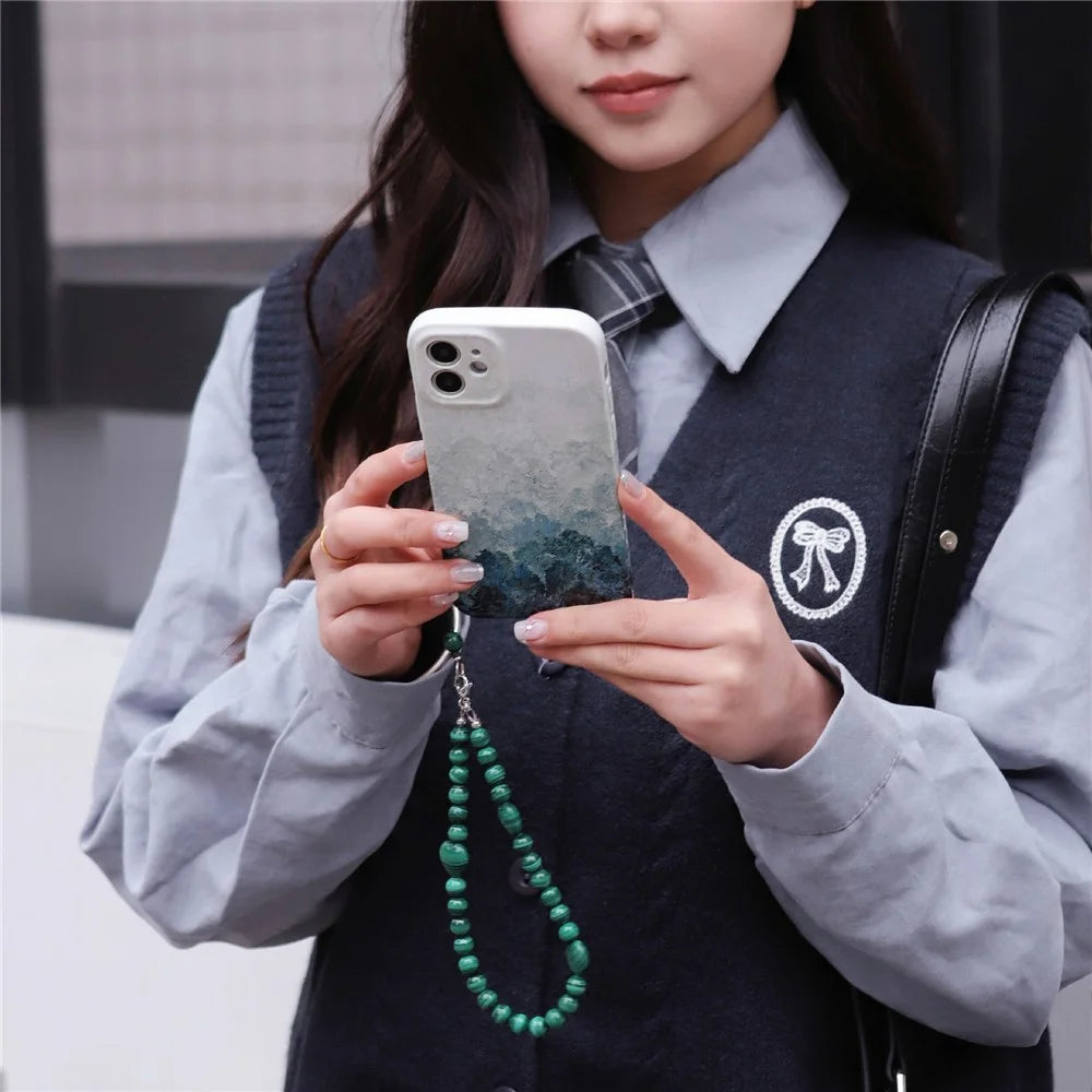 YISIXICI SJL0022 Malachite Charm Bracelet Heart Design 8mm Round Bead Phone Wrist Lanyard - 2