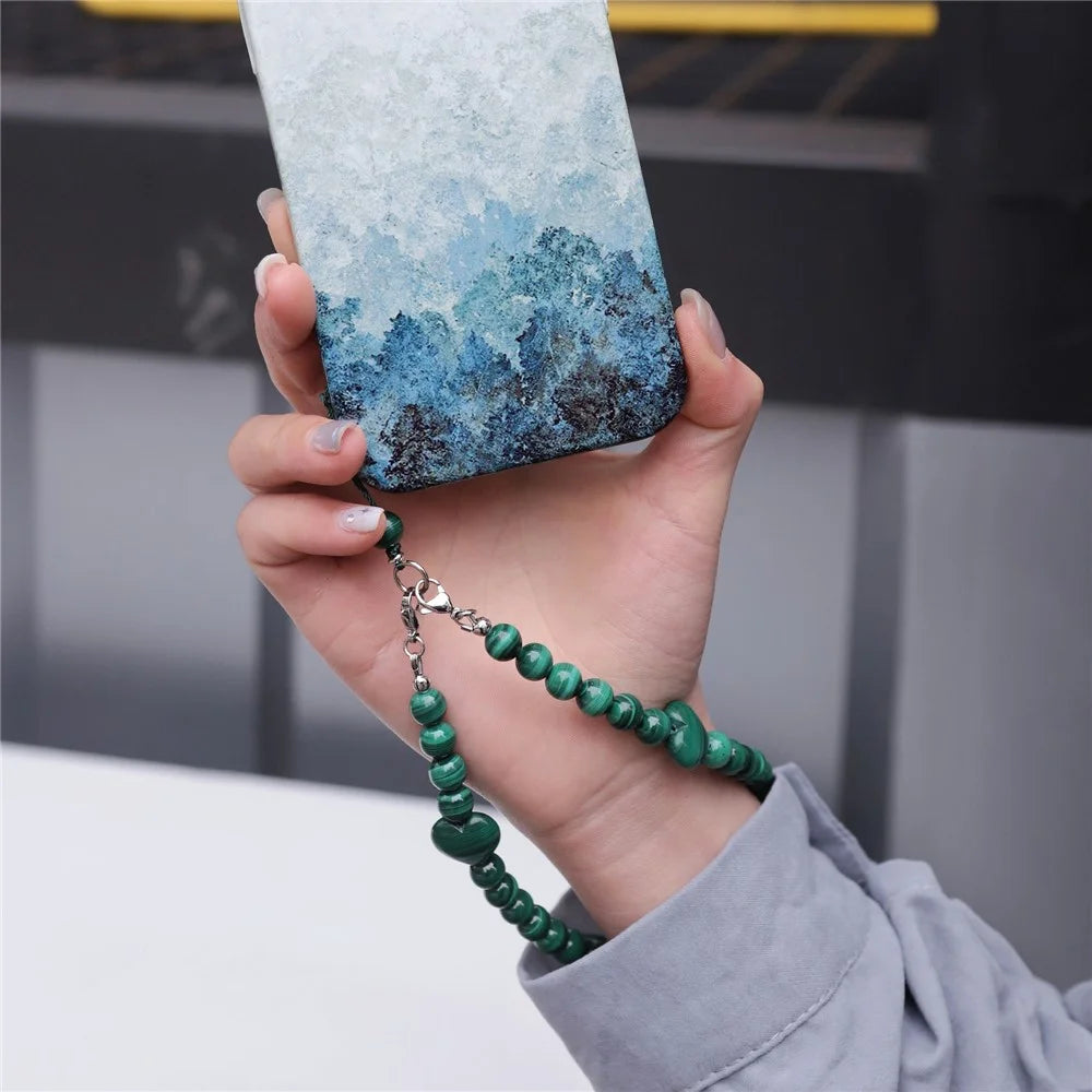 YISIXICI SJL0022 Malachite Charm Bracelet Heart Design 8mm Round Bead Phone Wrist Lanyard - 4