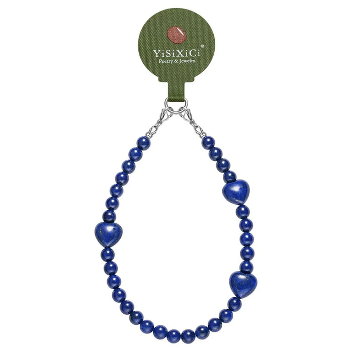 YISIXICI SJL0024 Lapis Lazuli Charm Bracelet Heart Design 8mm Round Bead Phone Wrist Lanyard - 1