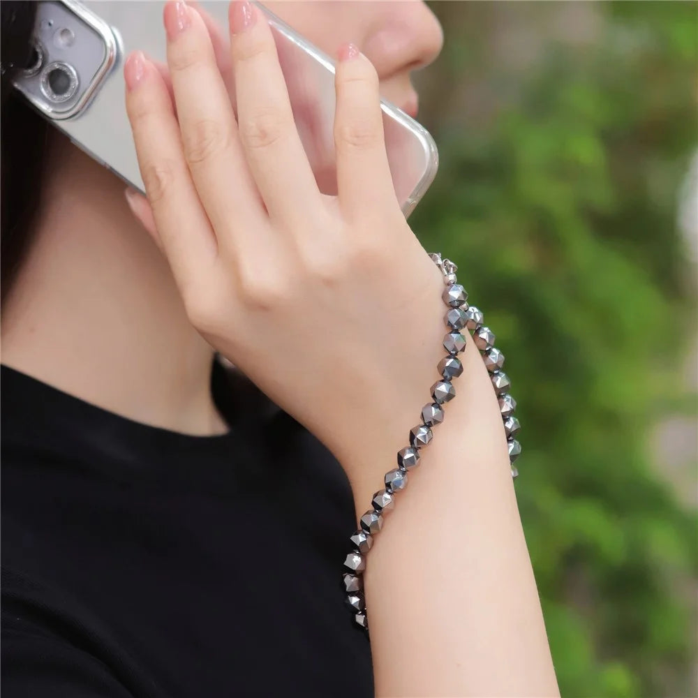 YISIXICI SJL0026 Terahertz Stone Phone Charm Strap 8mm Polygonal Beads Bracelet Wrist Lanyard - 4