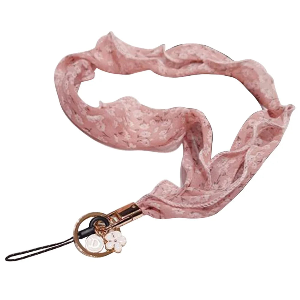 Floral Chiffon Silk Scarf Style Phone Lanyard Metal Pendant Key Ring Phone Neck Strap - Pink - 1