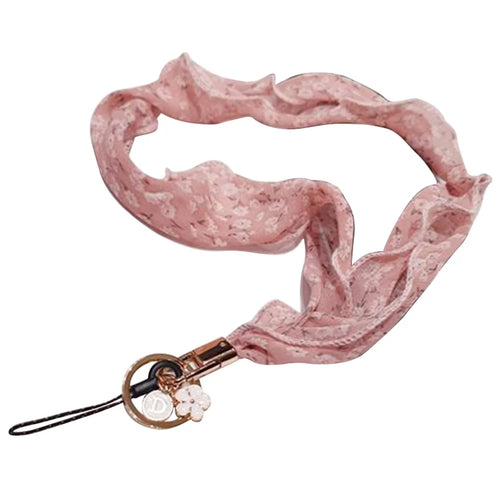 Floral Chiffon Silk Scarf Style Phone Lanyard Metal Pendant Key Ring Phone Neck Strap - Pink - 1