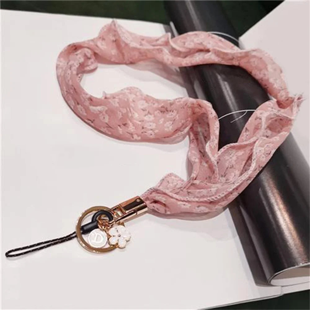 Floral Chiffon Silk Scarf Style Phone Lanyard Metal Pendant Key Ring Phone Neck Strap - Pink - 2