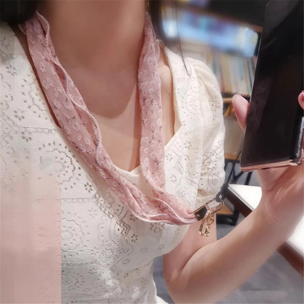 Floral Chiffon Silk Scarf Style Phone Lanyard Metal Pendant Key Ring Phone Neck Strap - Pink - 3