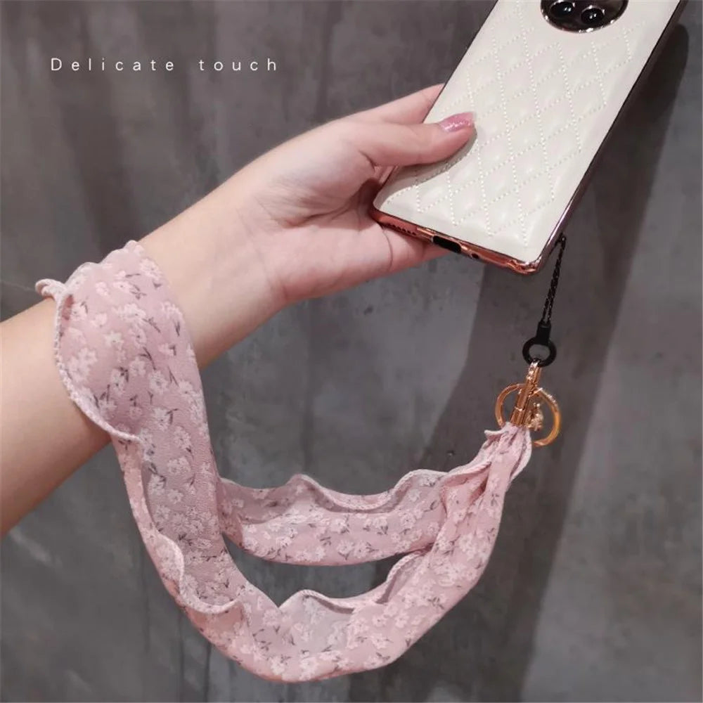 Floral Chiffon Silk Scarf Style Phone Lanyard Metal Pendant Key Ring Phone Neck Strap - Pink - 4