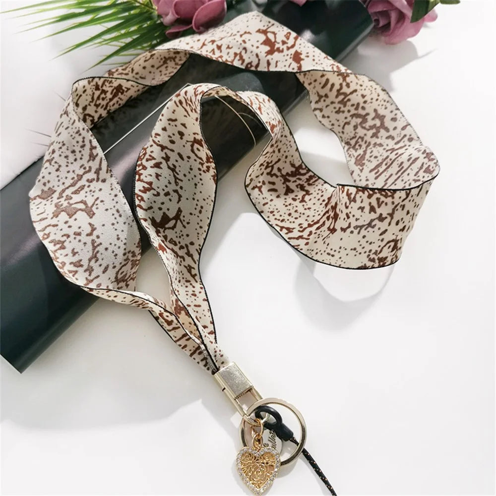 Scarf Style Ink Floral Universal Phone Lanyard Metal Pendant ID Badge Keychain Phone Neck Strap - Beige - 2