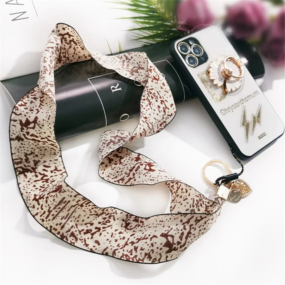 Scarf Style Ink Floral Universal Phone Lanyard Metal Pendant ID Badge Keychain Phone Neck Strap - Beige - 3