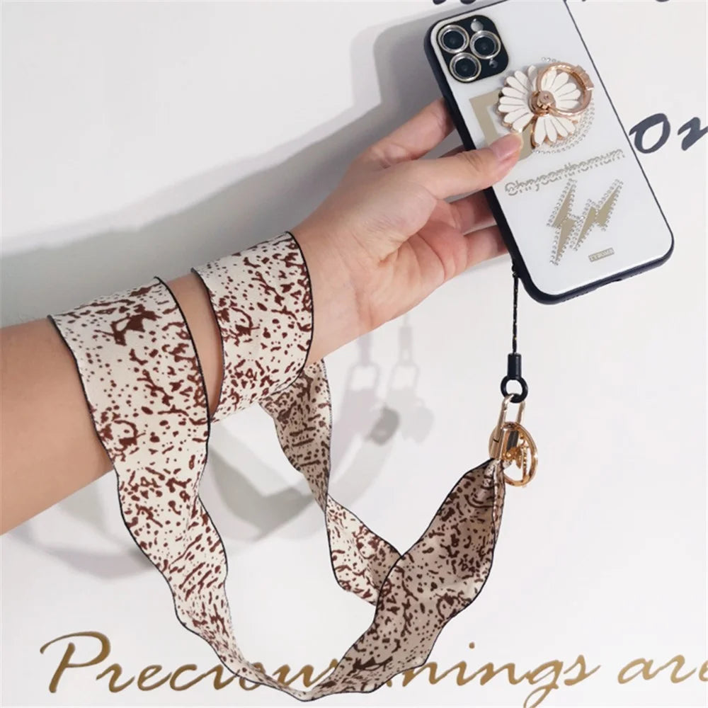 Scarf Style Ink Floral Universal Phone Lanyard Metal Pendant ID Badge Keychain Phone Neck Strap - Beige - 4