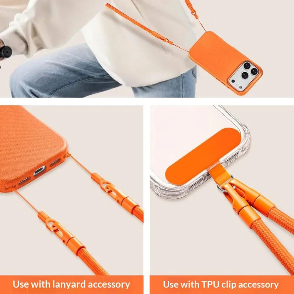 For iPhone 17 Case Crossbody Strap Adjustable Neck Lanyard Dual Buckle Slim Hanging Rope - Orange - 5