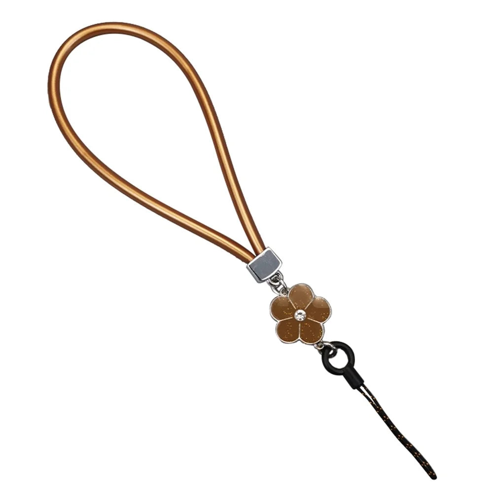 Universal Phone Short Lanyard PU Leather Flower Decor Hand Wrist Strap for ID Badge Holder Keychain - Brown - 1