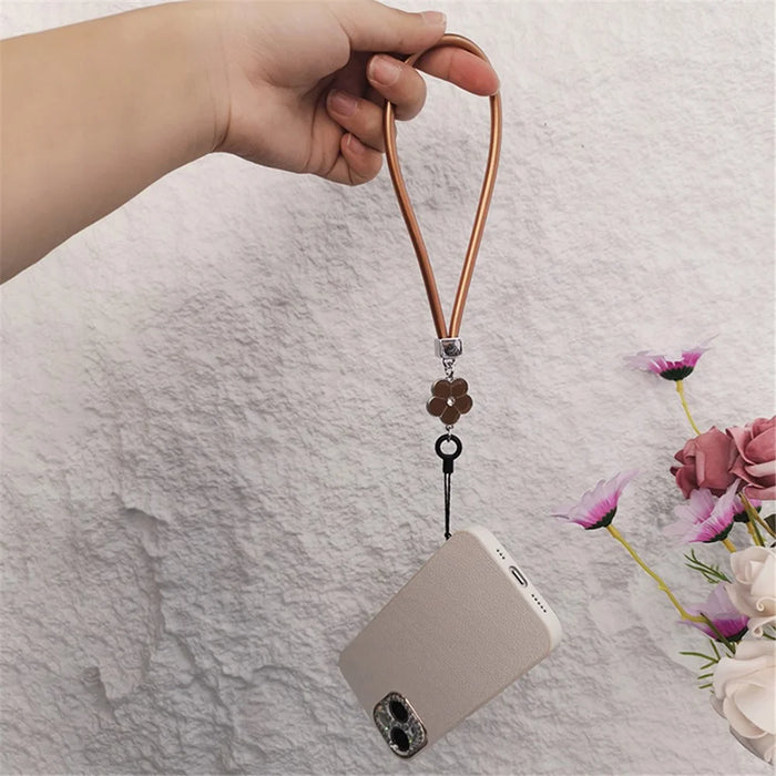 Universal Phone Short Lanyard PU Leather Flower Decor Hand Wrist Strap for ID Badge Holder Keychain - Brown - 2