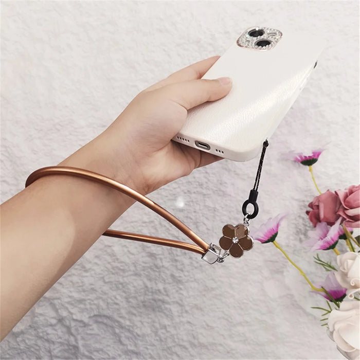 Universal Phone Short Lanyard PU Leather Flower Decor Hand Wrist Strap for ID Badge Holder Keychain - Brown - 3