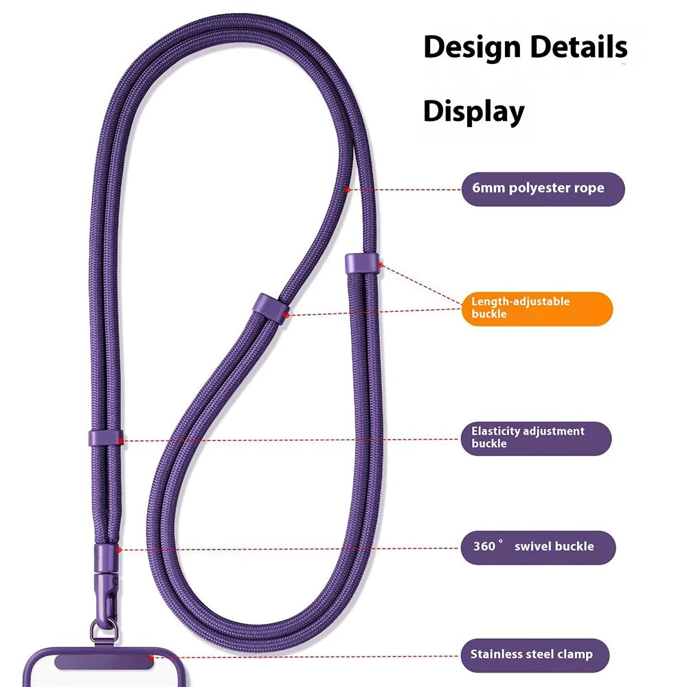 Upgraded 6mm Polyester Cord Phone Lanyard 360 Degree Rotation Adjustable Crossbody Neck Strap for Cellphone - Black - 6