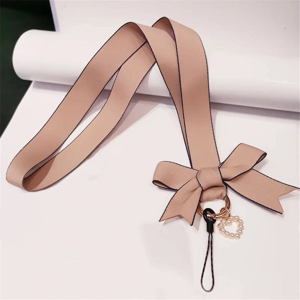Bowknot Decor Wide Cloth Phone Lanyard Badge Holder Keychain Neck Strap Rope Lanyard - Pink - 2