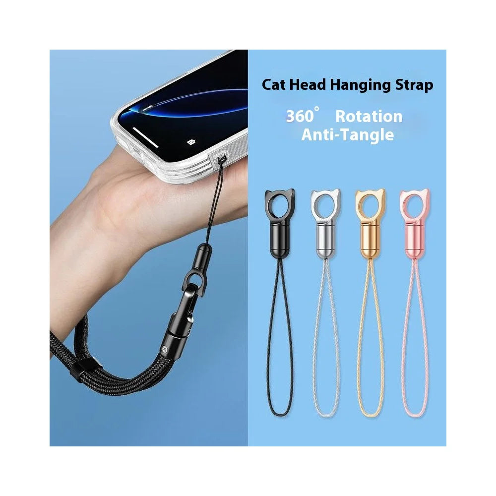 Zinc Alloy Cat Charm Keychain Fishing Line Strap 360 Degree Rotatable Phone Lanyard for Camera Earphone Keys - Black - 5